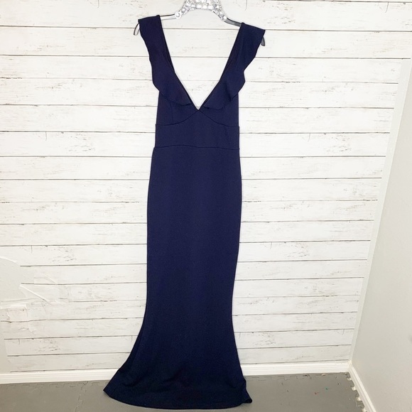 Misguided Navy Blue Ruffle Open Back Maxi Dress Prom Gala Black Tie Gown - Picture 2 of 9